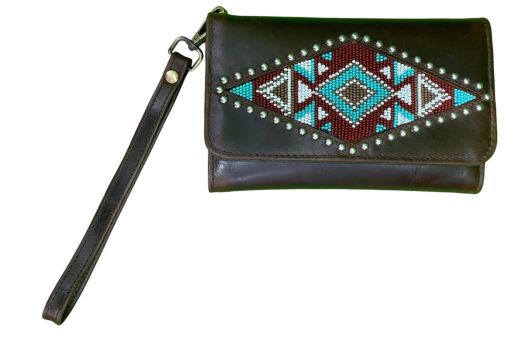 Klassy Cowgirl Leather Clutch Phone Wallet - Aztec Beaded